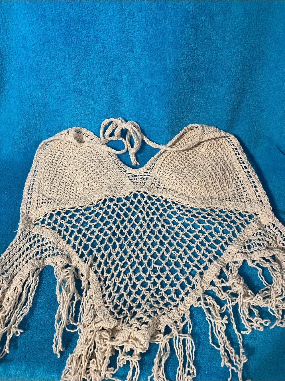 Women’s Crochet Fringe Halter Swim Cover-Up Top — Cream
